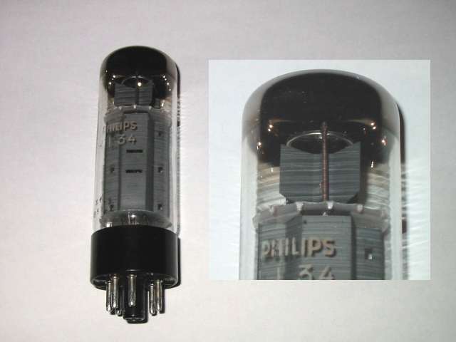Mullard Philips EL34 6CA7 with black base Blackburn xf3 code ring getter 10 dents on top spacer